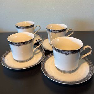 Set of 4 Mikasa GOTHIC ROSE Pattern Footed Cups & Saucers in Grande Ivory L285